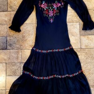 SUE WONG 100% SILK BLACK BEADED/SEQUIN SHEER 3/4 SLEEVE PEASANT DRESS MIDI SZ 10